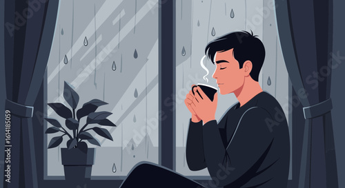 Contemplative Man Enjoys Warm Beverage While Watching Rain Outside Window