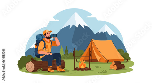 Adventurer Enjoying a Refreshing Drink While Camping Amidst Scenic Mountains