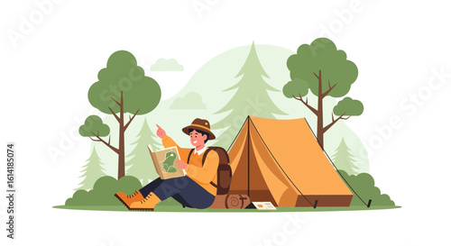 Adventurer Planning Next Destination With Map In Forest Glade By His Tent