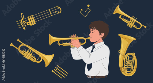 Boy Practicing Music With Golden Trumpets Instrument Orchestra And Music Concept