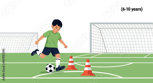 Boy Practicing Soccer Skills With Cones In Training Field Exercise