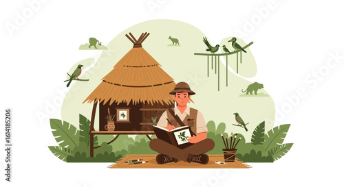 Adventurous Naturalist Drawing Botanical Illustration In A Lush Jungle Environment