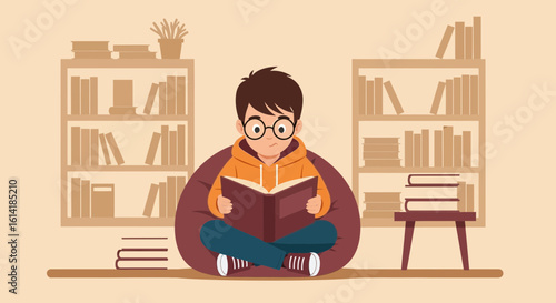 Boy Reading Book In Comfortable Beanbag Chair Surrounded By Bookshelves