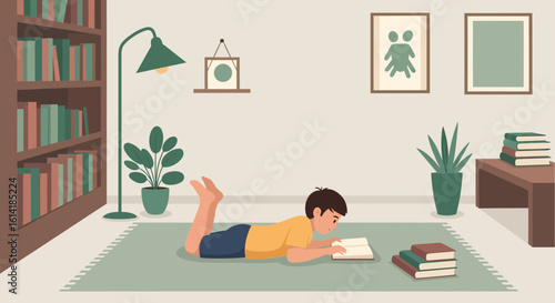 Boy Reading Book On Floor At Home Enjoying Leisure Time Indoor