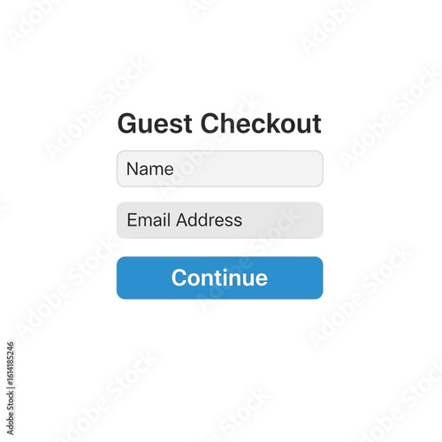 A simplified guest checkout form with input fields for name and email, and a continue button.