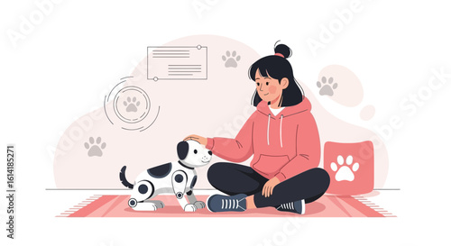 Affectionate Moment Girl Bonding With Robotic Pet Vector Illustration
