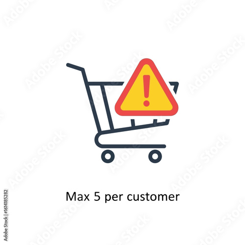 Shopping cart icon with a warning sign indicating a maximum purchase limit of 5 items per customer.