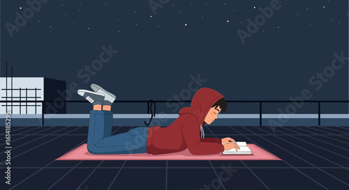 Boy Reads a Book Under the Starry Night Sky on the Building Roof