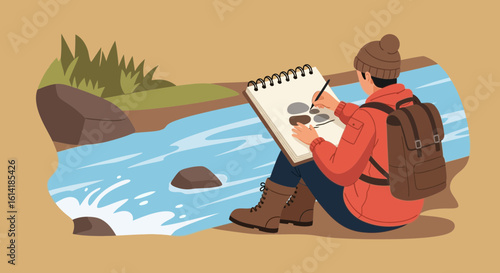 Artist Immersed In Nature Painting River Scene Outdoors With Backpack