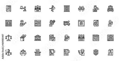 Law icon set. Legal vector illustration. Includes symbols for contract, gavel, court, police, lawyer, judge, evidence, justice and more. Editable stroke design.