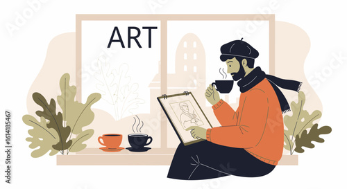 Artist Sketching In Studio While Enjoying A Hot Drink And Pleasant Atmosphere