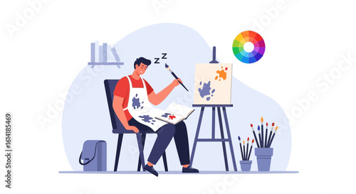 Artist Taking A Break And Fell Asleep While Holding Brush