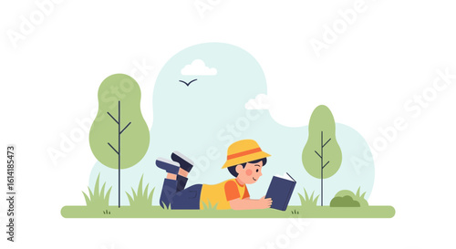 Boy Relaxing Outdoors With A Good Book On A Sunny Day Illustration