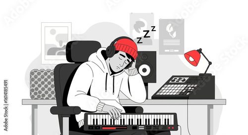 Artist Taking A Nap Over The Keyboard In Music Production Studio At Night