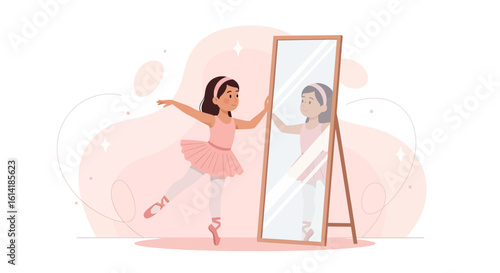 Aspiring Ballerina Rehearsing Dance Position in Front of Mirror Practicing Ballet