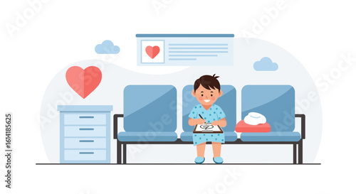 Boy Sits in Hospital Waiting Room Drawing With Hospital Ambiance Waiting