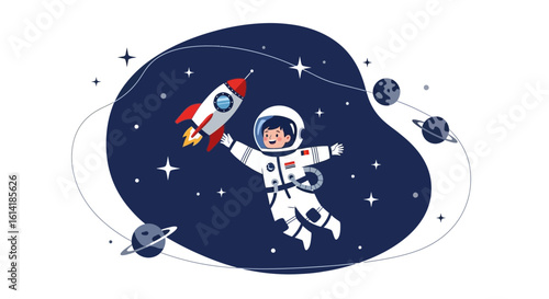 Astronaut Boy Floating Among Planets And Stars With Joyful Space Exploration