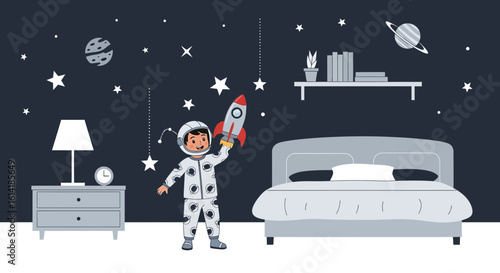 Astronaut Dreaming Little Boy Playing Imagining Space Adventure In Bedroom