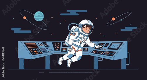 Astronaut Floating In Front Of Control Panels In A Spaceship Or Space Station