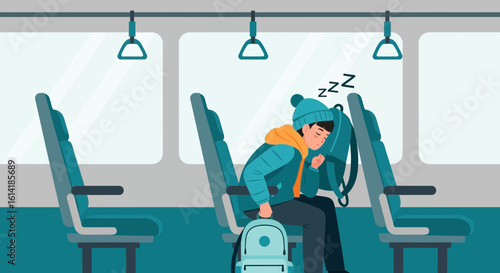 Boy Sleeping On Public Transportation During A Winter Commute Ride