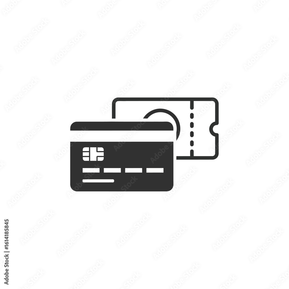 A credit card is shown in front of a ticket, representing payment or purchase. A credit card is shown in front of a ticket, representing payment or purchase.