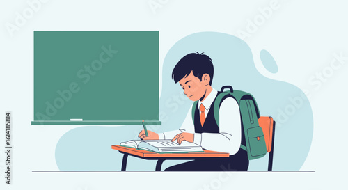 Attentive Student Studies In Classroom With Backpack And Textbook Illustration