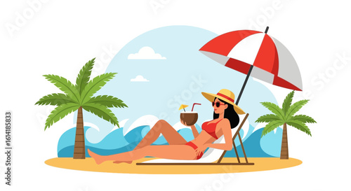 Attractive Woman Enjoying Summer Vacation in Tropical Beach with Refreshing Drink