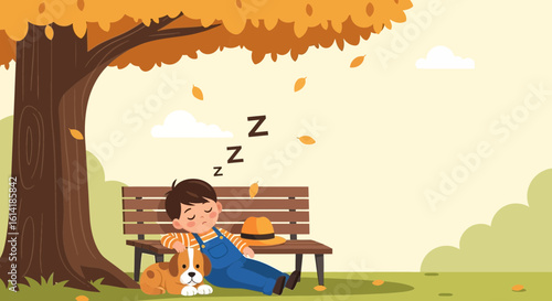 Autumn Afternoon Nap With Dog Under Tree Illustration For Children Book