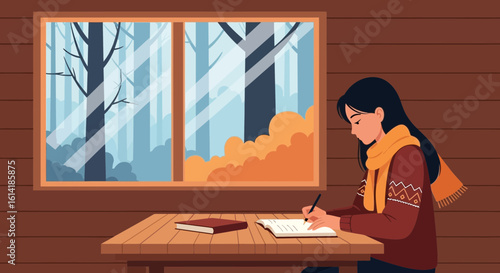 Autumnal Inspiration Young Woman Writing Near Window Overlooking Forest Scenery