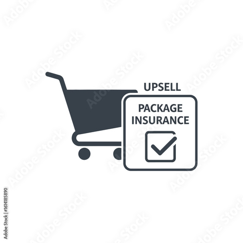 A shopping cart icon next to a package insurance document with a checkmark, representing an upsell.