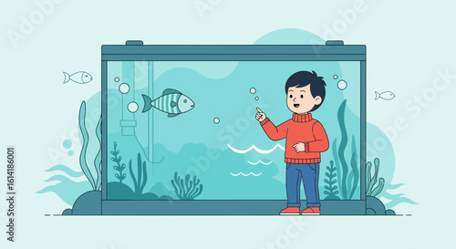 Boy Watching Tropical Fish Swimming In A Beautiful Aquarium Interior