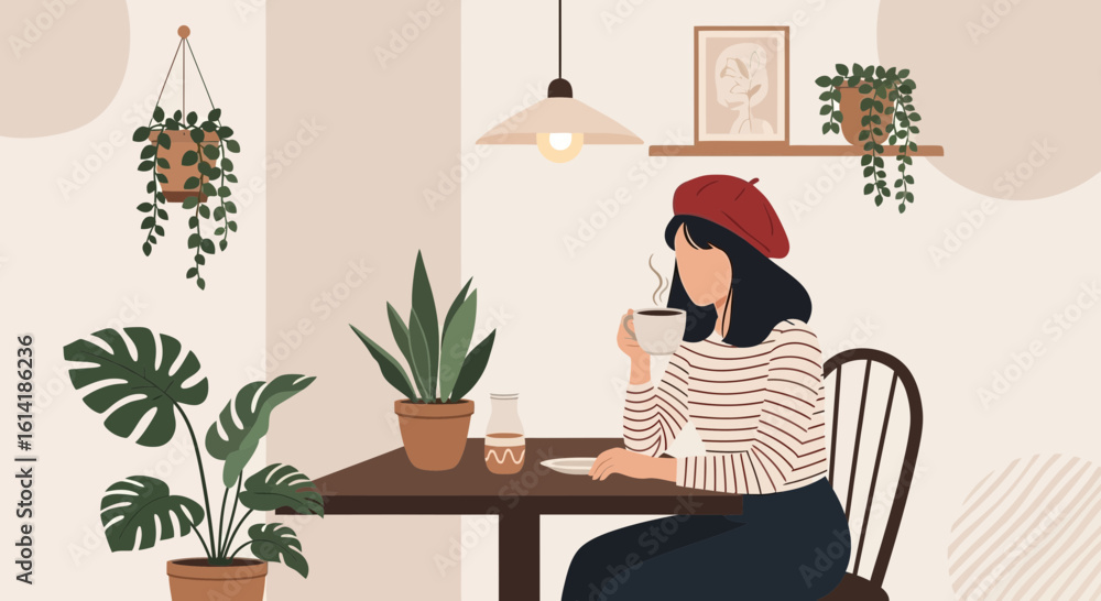 Fototapeta premium Bohemian Woman Enjoying Coffee In A Cozy Indoor Botanical Setting