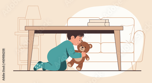 Boy With His Teddy Bear Hiding Under A Table During A Fictional Earthquake
