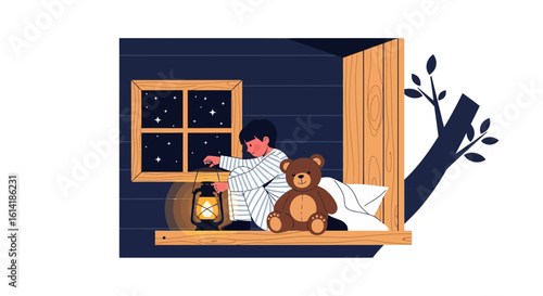 Boy With Teddy Bear, Holding Kerosene Lamp, And Looking Out Window At Night