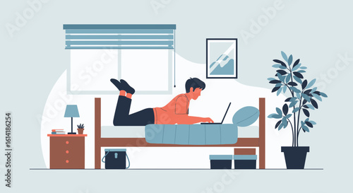 Boy Works From Home Lying on Bed Laptop Comfortable Work Station