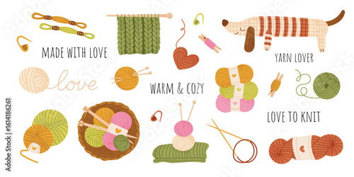 Knitting and yarn themed illustration set with cozy wool balls, needles, knitted dog, warm quotes and cute accessories. Handmade hobby concept. Flat vector elements isolated on white.