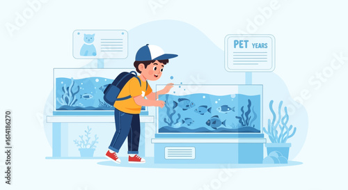 Boy Admiring Aquatic Life At The Local Aquarium Vector Illustration