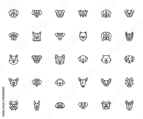 Dog breeds icon set. Minimalist vector illustration. Includes Pointer, Saint Bernard, Shar Pei, Border Collie, Beagle, Rottweiler, Boxer and more. Editable stroke.