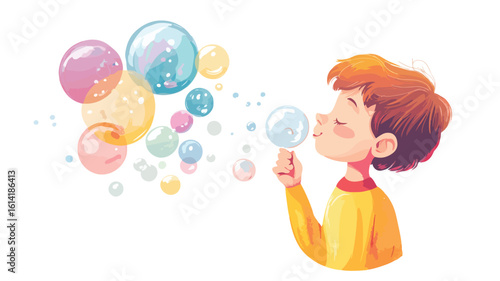Vintage Boy Blowing Bubbles Illustration