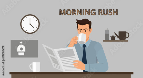 Busy Professional Enjoying Coffee and News Before Work In Modern Home Office