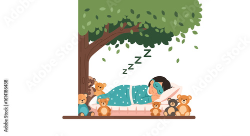Calm Peaceful Slumber Under Tree With Teddy Bears For Children Story