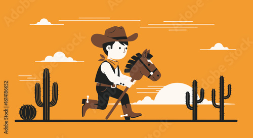 Boy Cowboy Enjoying Riding Stick Horse Across the Desert Landscape