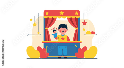 Cartoon Boy Performing Puppet Show in a Decorated Theater Stage