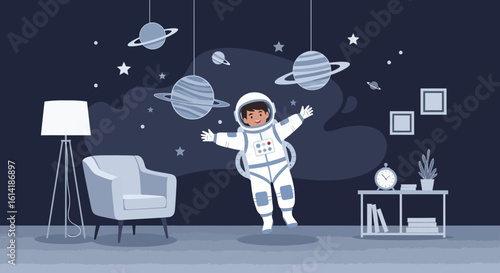 Boy Dreams of Becoming An Astronaut In A Room With Planet Decorations