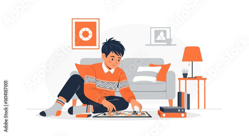 Boy Enjoying Board Game Home Leisurely Moment In Cozy Living Room