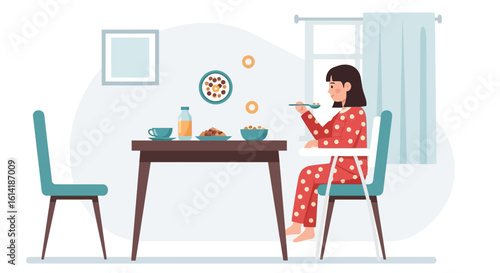Cartoon Woman Enjoys Breakfast At Home In Her Pajamas Next To Window