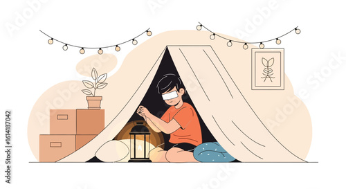 Boy Enjoying Cozy Time Inside Homemade Tent With Lantern In Living Room