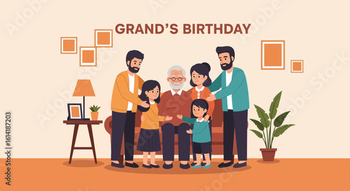 Celebrating Grandparent's Birthday With Family Togetherness Illustrated Portrait