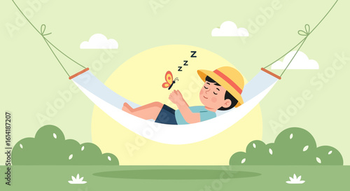 Boy Enjoying Peaceful Sleep In A Hammock With Butterfly In Summer