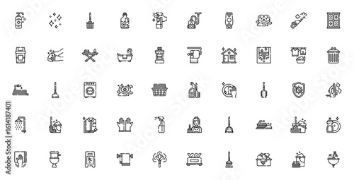 Cleaning icon set. Minimal vector icons pack. Includes liquid soap, mop, detergent, vacuum cleaner, sponge, trash bin, washing machine, gloves, broom and more. Editable stroke.